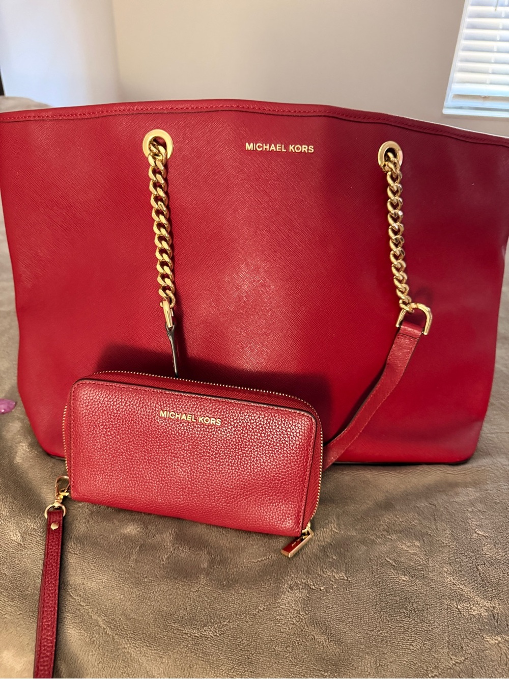 Michael Kors Red Leather Tote with Gold Chain Straps and Matching Wallet